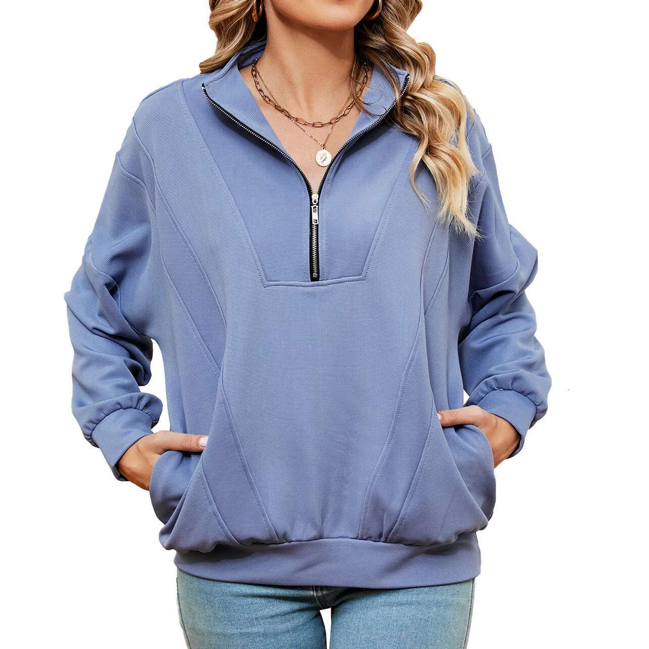 New Fashion Stand Up Collar Zipper Pocket Solid Color Long Sleeve Casual Women's Designer Sportswear
