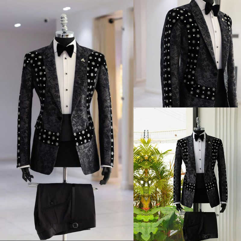 Customized Floral Pattern Mens Wedding Tuxedos Slim Fit Beading Groom Business Party Birthday Wear Jacket Pants Suits 2 Pieces