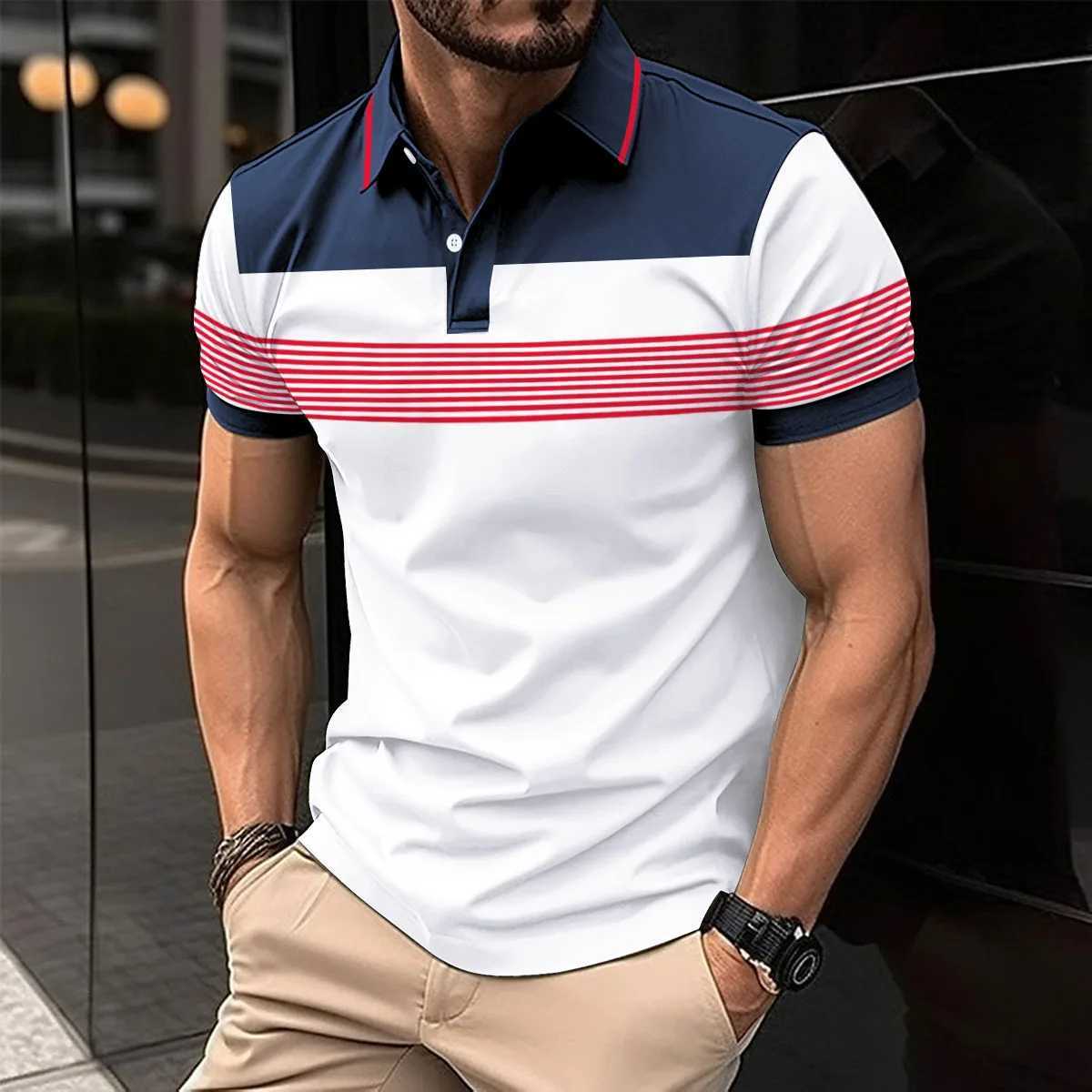 2025 New Cross-border Mens Clothing Casual POLO Shirt V-neck Button Business Striped Versatile T-shirt TopXJ250108