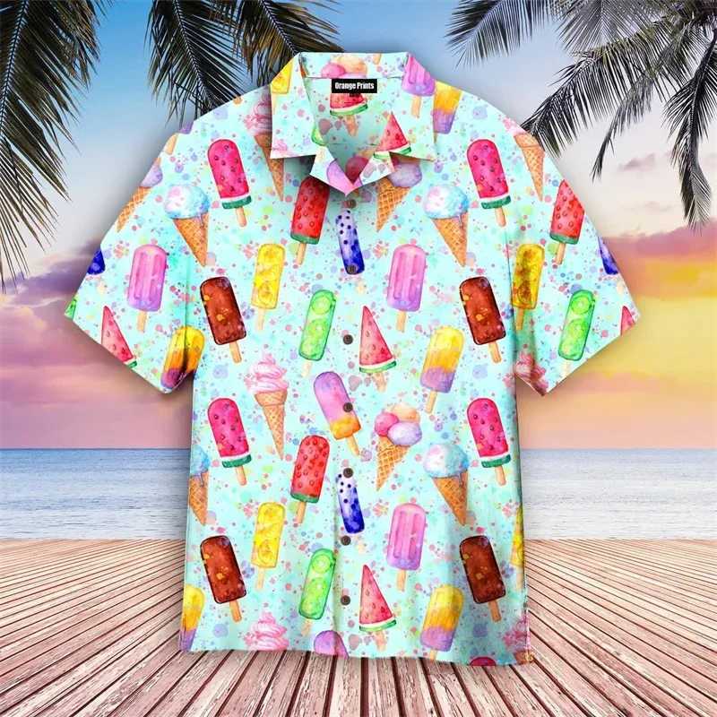 Summer Ice-cream Mens Holiday Lapel Camisa Oversized Hawaiian Shirts 3d Print Fashion Men Women Beach Short Sleeve Blouse TopsXJ250108