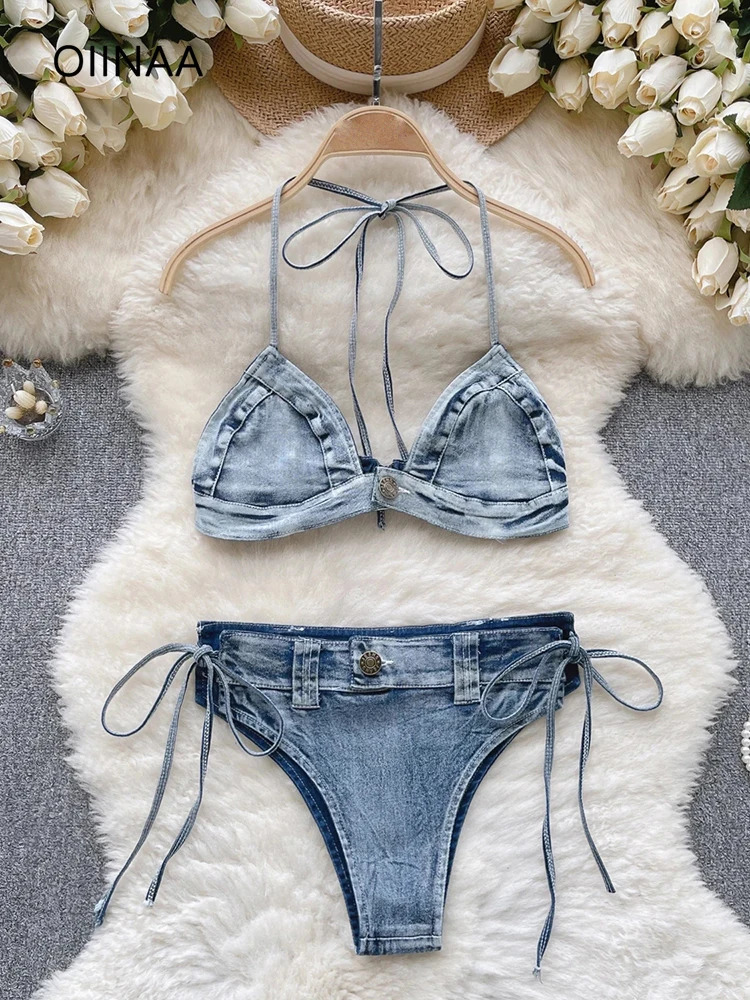 OIINAA Swimwear Women Sexy Blue Denim Bikini Set Halter Drawstring Beachwear Lace Up Two-pieces Summer 2024 Solid Bathing Suit 250107