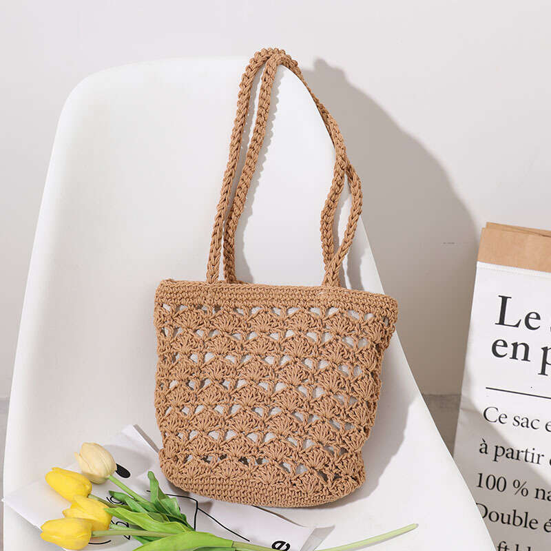 Korean Version Hollowed Out Cotton Thread Handmade With Chi Style Temperament, One Shoulder Portable Grass Woven Bag, Seaside Vacation Beach Bag