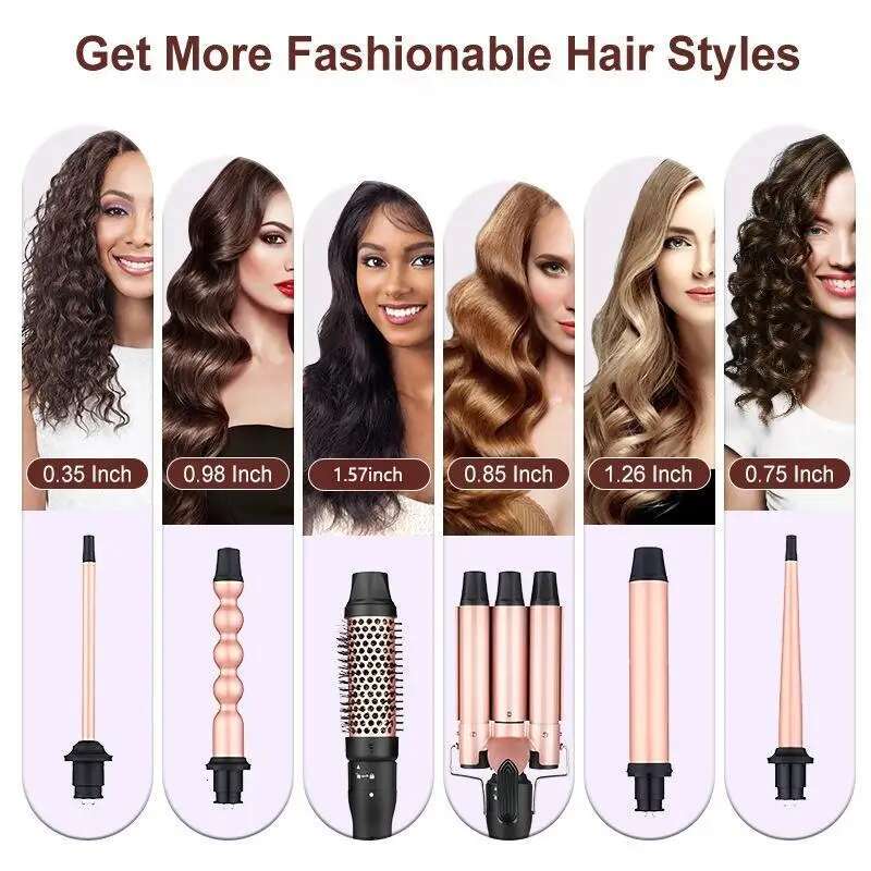 6 in 1 Iron,Curg Wand Set with Brush and 5 Interchangeable Ceramic Curg Wand,Instant Up,Include Heat
