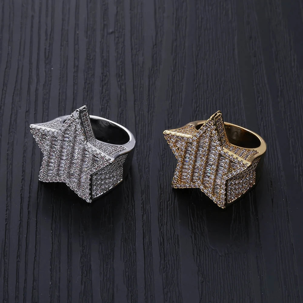 Full Zircon Pentagram Ring Iced Out Cubic Zirconia Gold Color hip-hop mens Trendy Bling Rings Rap Jewelry Gifts 250107