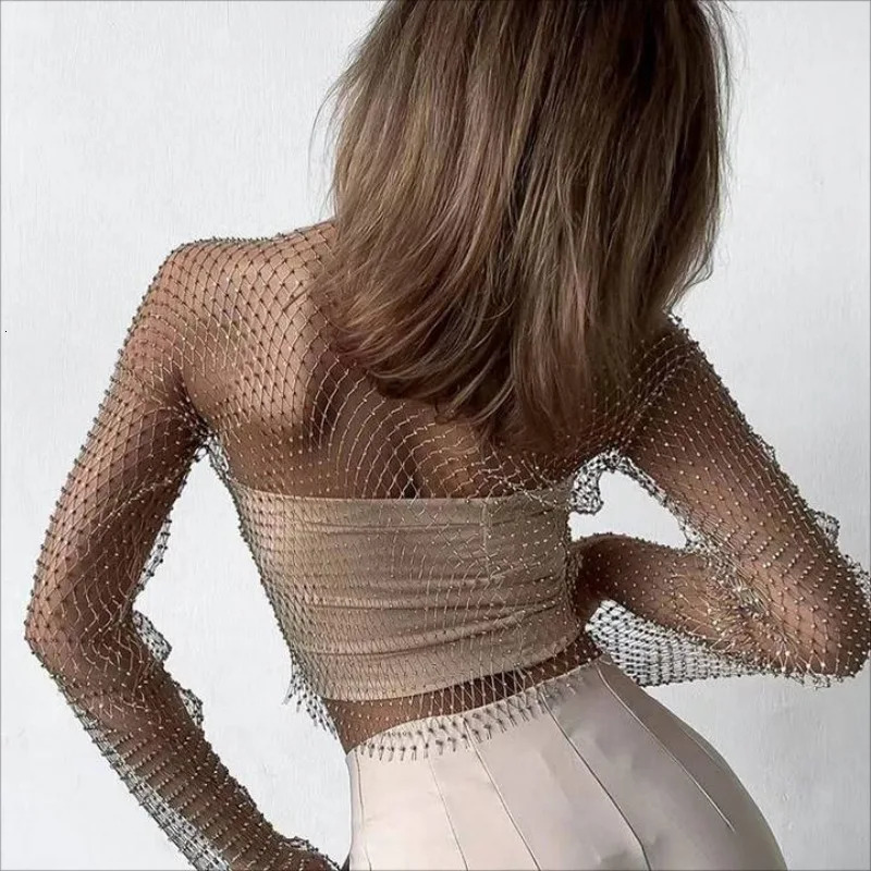 Women Sexy Mesh See Through T Shirt Shiny Rhinestone Fishnet Hollow Out Crop Top Long Sleeve Beach Cover Up Party Club Tank Tops 250107