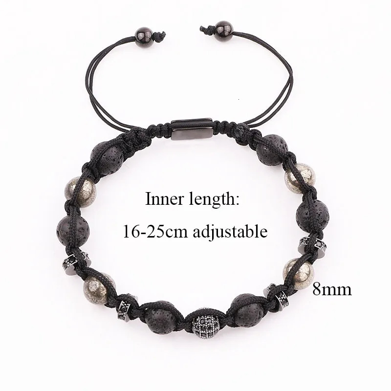 CZ Pave Ball Lava Stone Pyrite Braided Macrame Cord Bracelet Men Jewelry Gift 250107