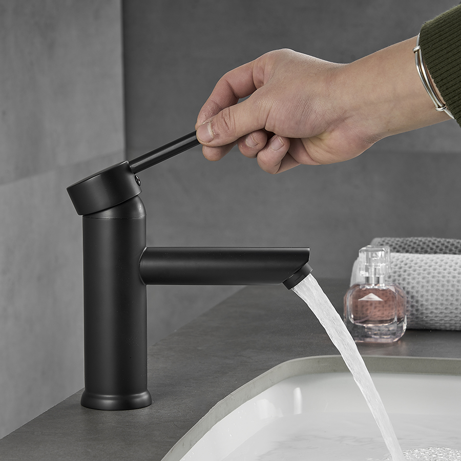 Modern Black Single Handle Brass Lavatory Bathroom Basin Faucet With Copper Body Zinc Alloy Handle