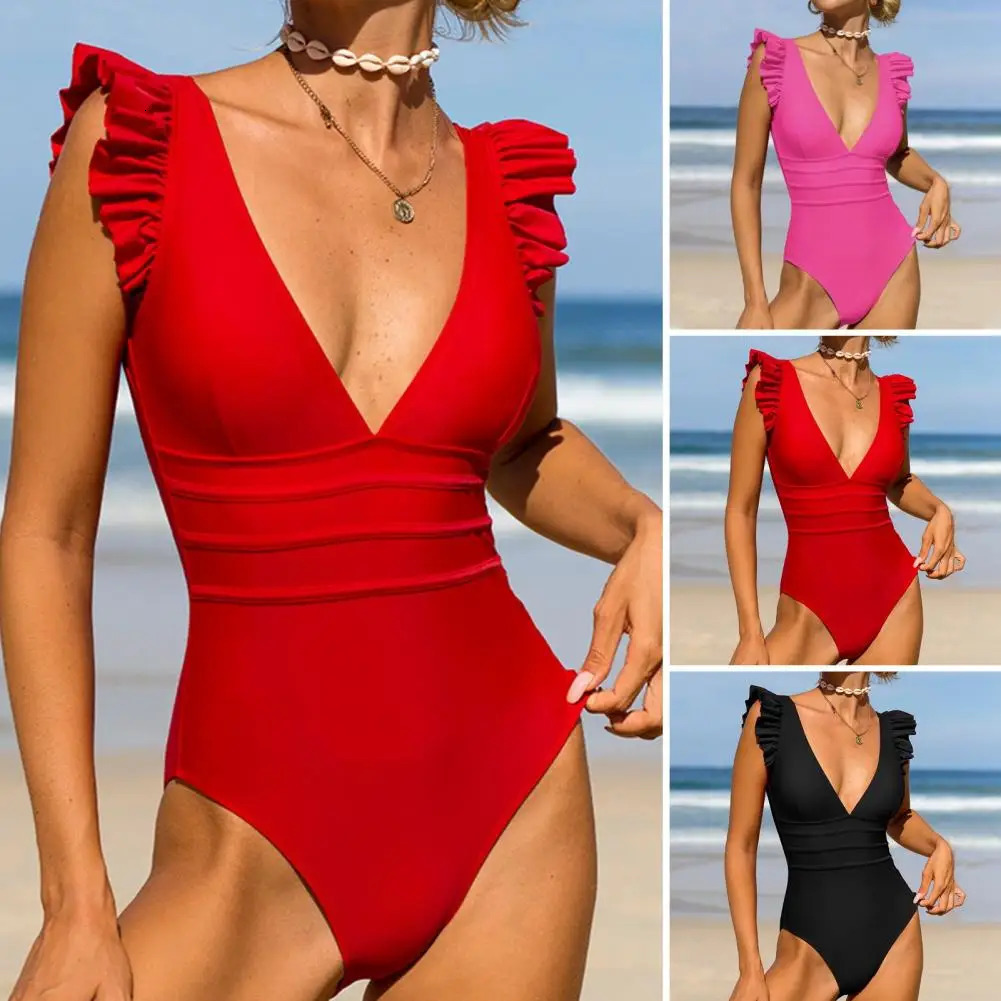 Womens One Piece Rashguard Surfing Sport Swimsuit Ruffle Sleeve Swimwear Bodysuit 250106