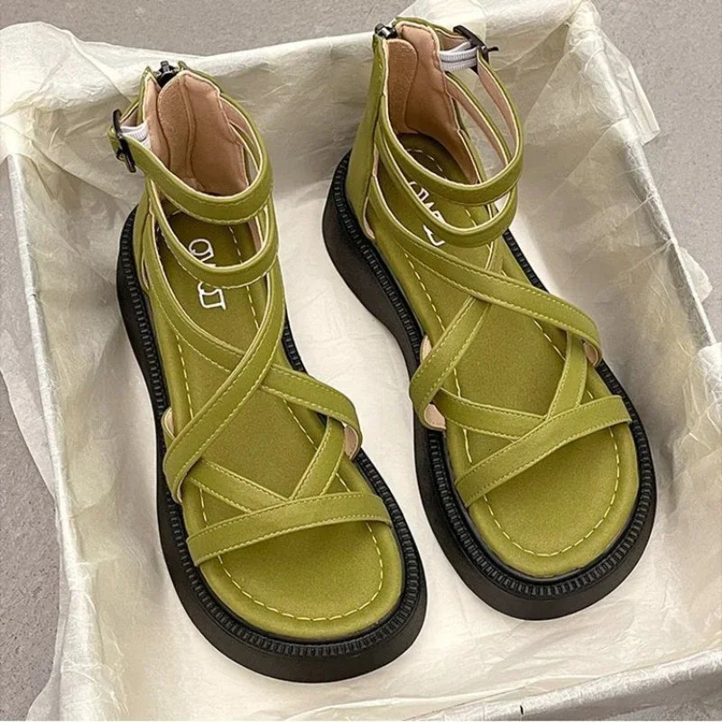 Thick Heel Women Sandals Womens Hollow Open Toe Shoes Fashion Casual Sandals Female Flat Roman Shoes Summer 250106