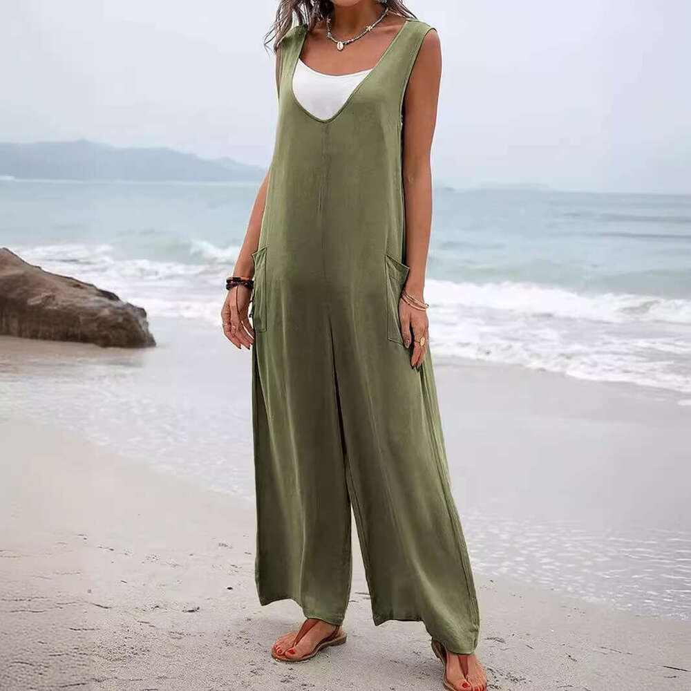 Summer New Solid Color Patch Bag Fashion Jumpsuit V-Neck Backband Wide Leg Long Pants For Women