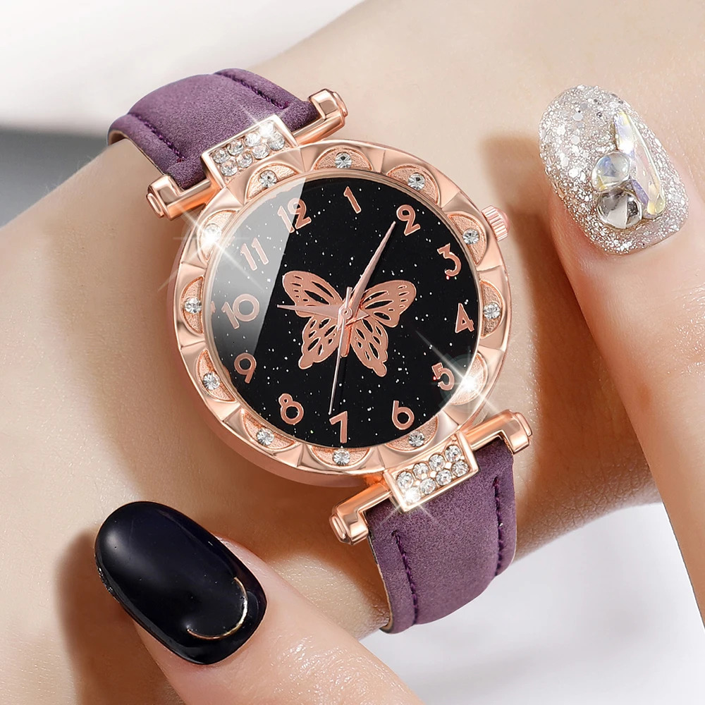 5PCSSet Purple Women Watch Fashionable Butterfly Element Dial Quartz Wristwatch Frosted Strap Jewelry Set Gift For Girls 241228