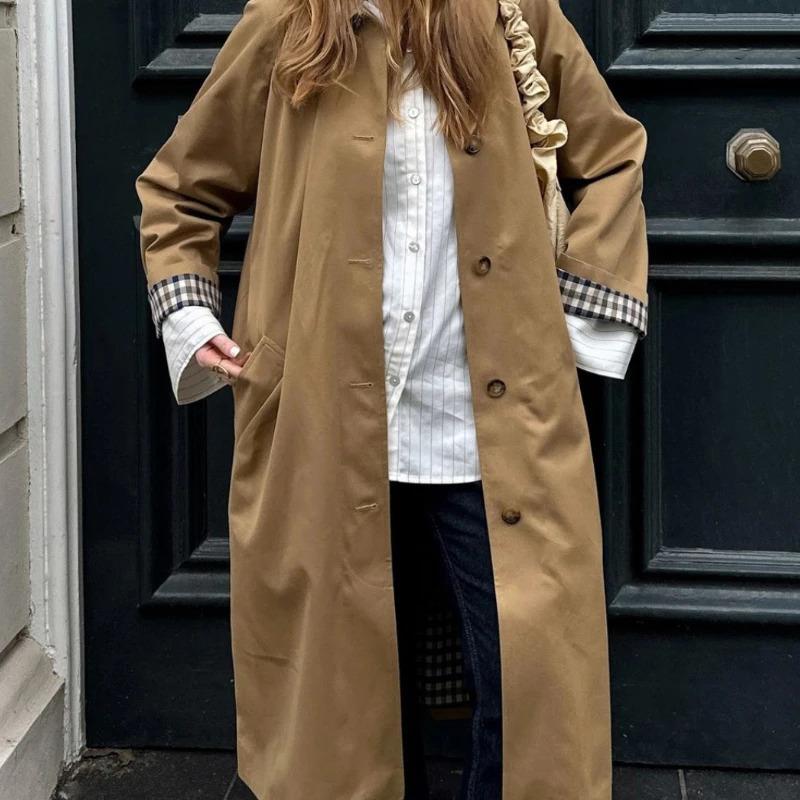 Women Solid Single Breasted Lapel Windbreaker Long Sleeve Plaid Lining Trench Coat Autumn Chic High Street Overcoat 250107