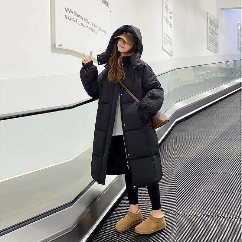 2024 New Down Mid Length Over Knee Cotton Women's Loose Fitting Bread Jacket Winter Coat