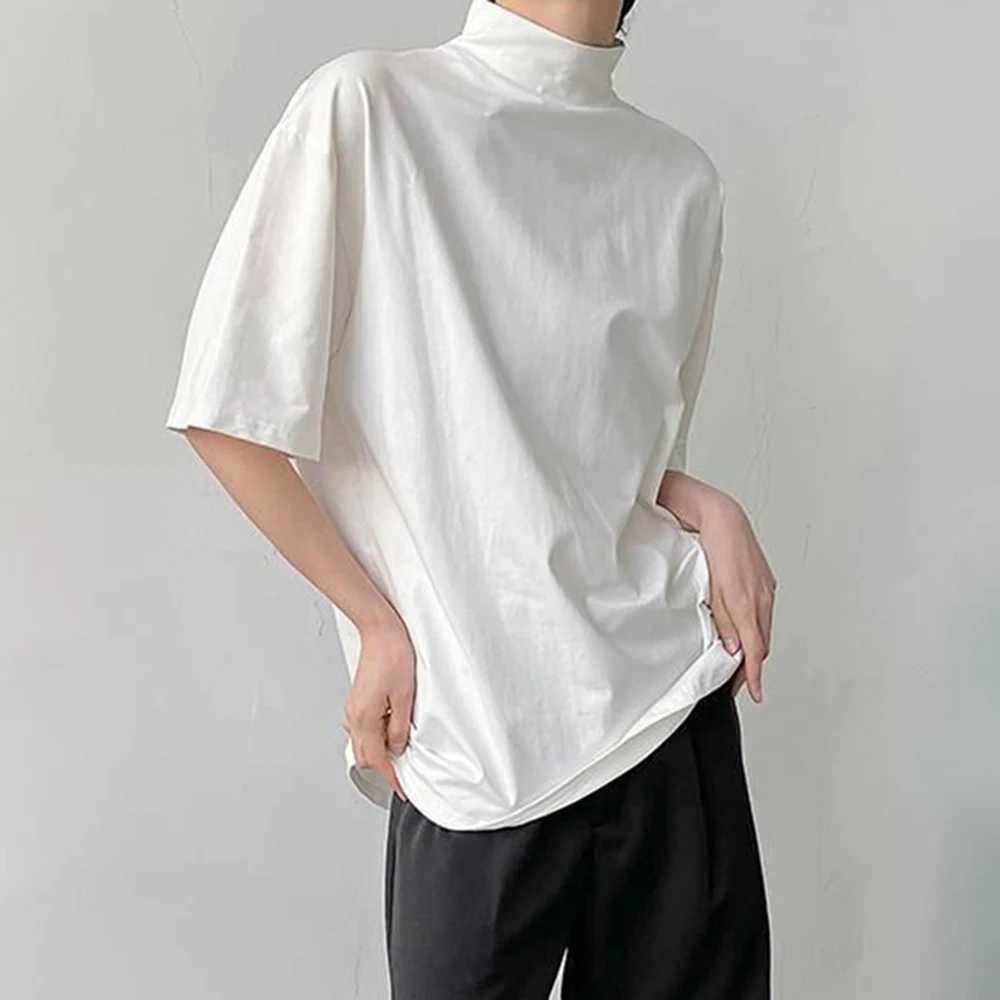 New semi high neck short sleeved T-shirt mens fashion brand loose fit fully matched half sleeved casual top solid color unisex clothing M250108