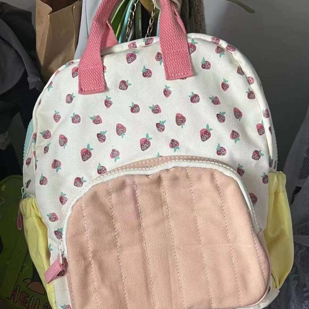 2025 new canvas strawberry for children and girls dopamine color blocked cute casual travel backpack