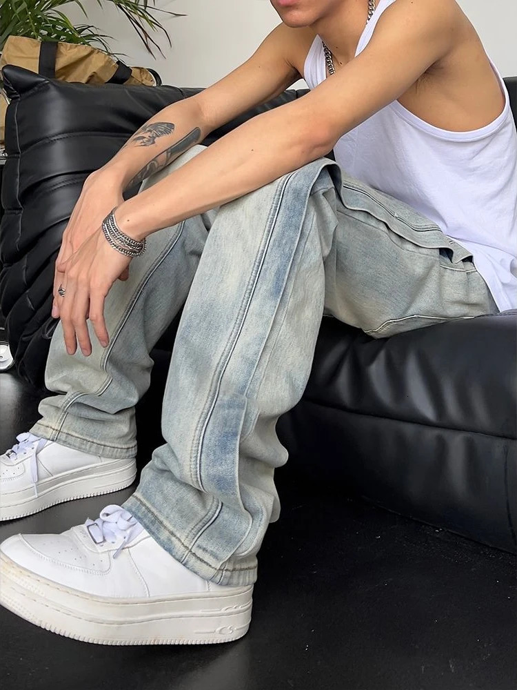 Jeans for Men Loose Light Blue Baggy Straight Man Cow Pants Punk Spliced Y2k Vintage Trousers 2024 Korean Autumn Trend Cotton 250107