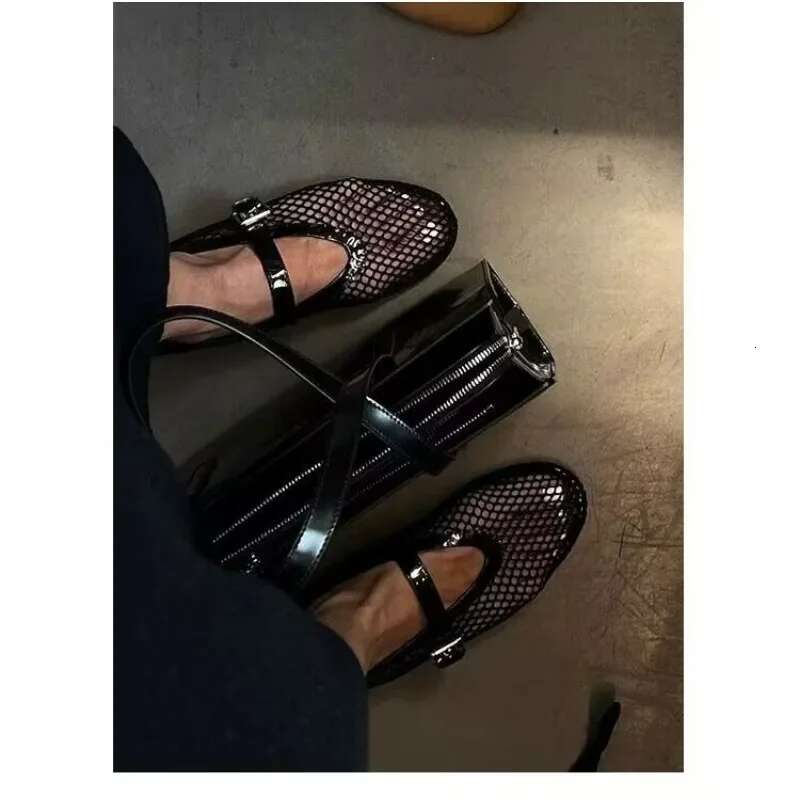 Ballet Flat Shoes Woman Mesh Hollow Outs Mary Jane Flats Black Loafers Summer Walking Footwear Size 42 250224