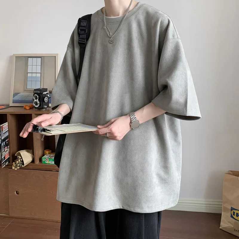Summer short sleeved mens fashionable solid color round neck mens T-shirt loose suede T-shirt mens top M-3XL M250108