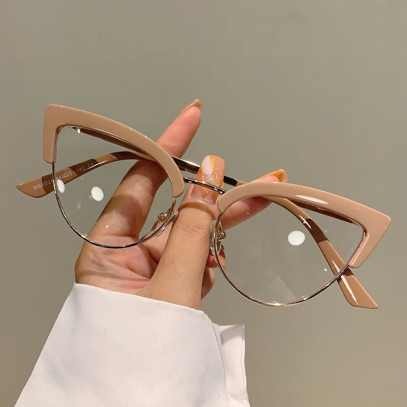 KAMMPT Vintage Cat Eye Glasses Frame Stylish Semi Metal Rim Women Eyewear Trendy Non-prescription Eyeglasses 250107