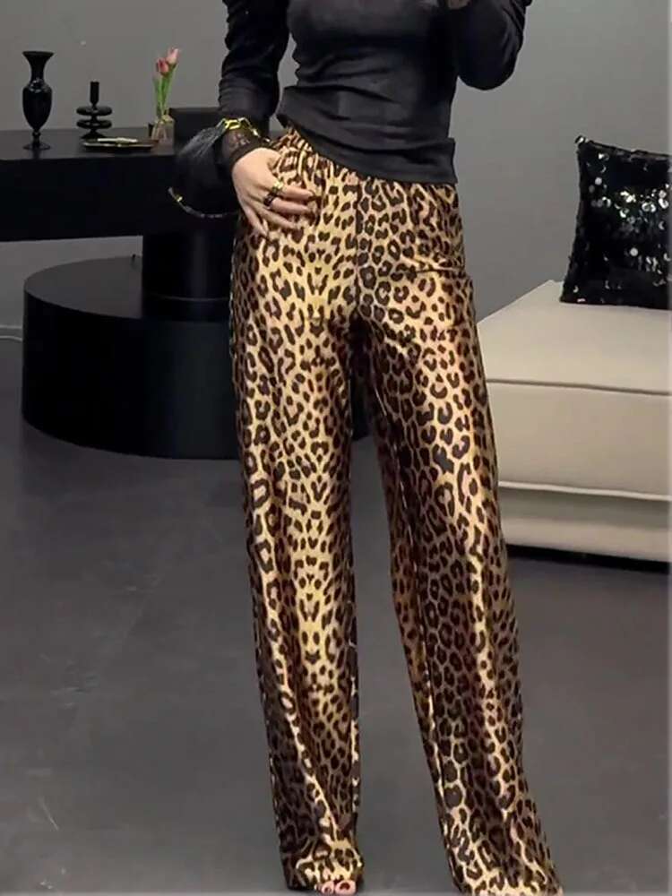 Leopard Printed Women Long Trousers High Waist Straight Hot Girl Wide Leg Pants Female Korean Style New