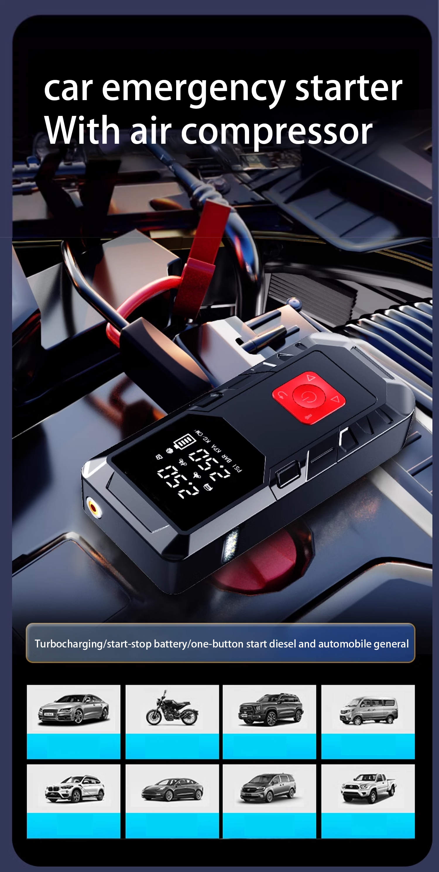 Multifunctional Portable Car Jump Starter & Air Compressor - 3500 Amp 150 PSI Battery Pack with Large LCD Display Screen