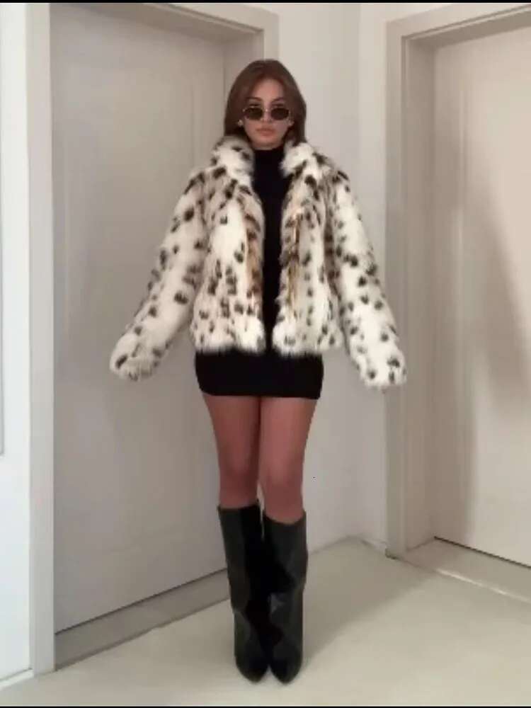 ZHUISHU Women Autumn Winter Fashion Chic Leopard Faux Fur Jacket Female Pockets Lapel Coat Ladies Warm Outerwear