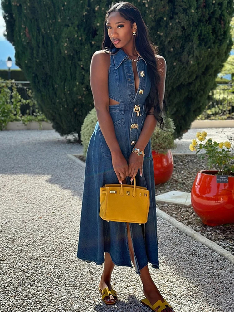 Sexy Denim Women Sleeveless Long Dresses V Neck Split High Waist Female Dress 2024 Summer Lady Turn-down Collar Hollow Out Robe 250107