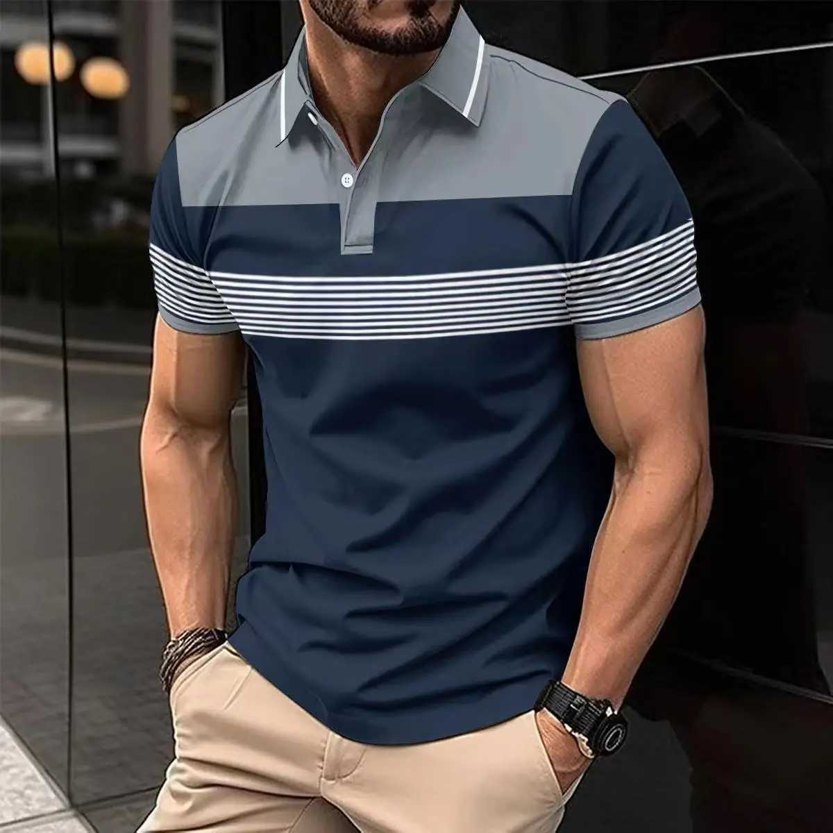 2025 New Cross-border Mens Clothing Casual POLO Shirt V-neck Button Business Striped Versatile T-shirt TopXJ250108