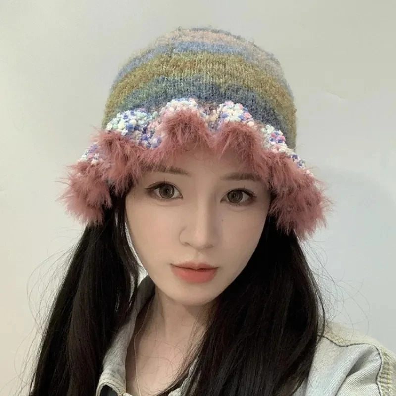 Fashion Colorful Gradient Stripe Woolen Hat Womens Autumn and Winter Cute Handmade Plush Hat Knitted Fisherman Hat 250107