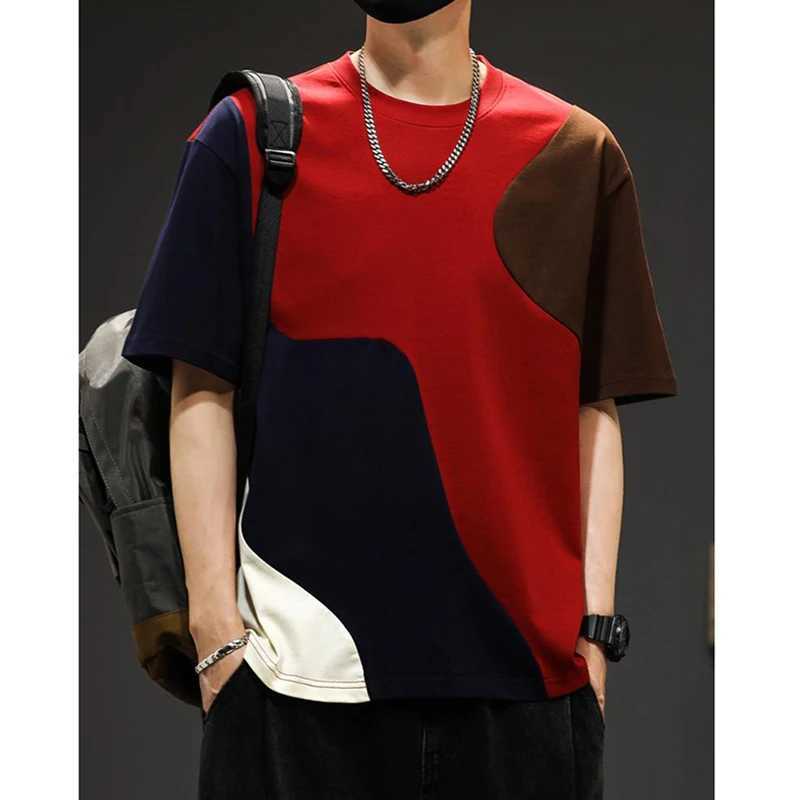 Fashionable O-neck splicing fully matched asymmetrical T-shirt for mens summer new item oversized casual floral Korean T-shirt M250108