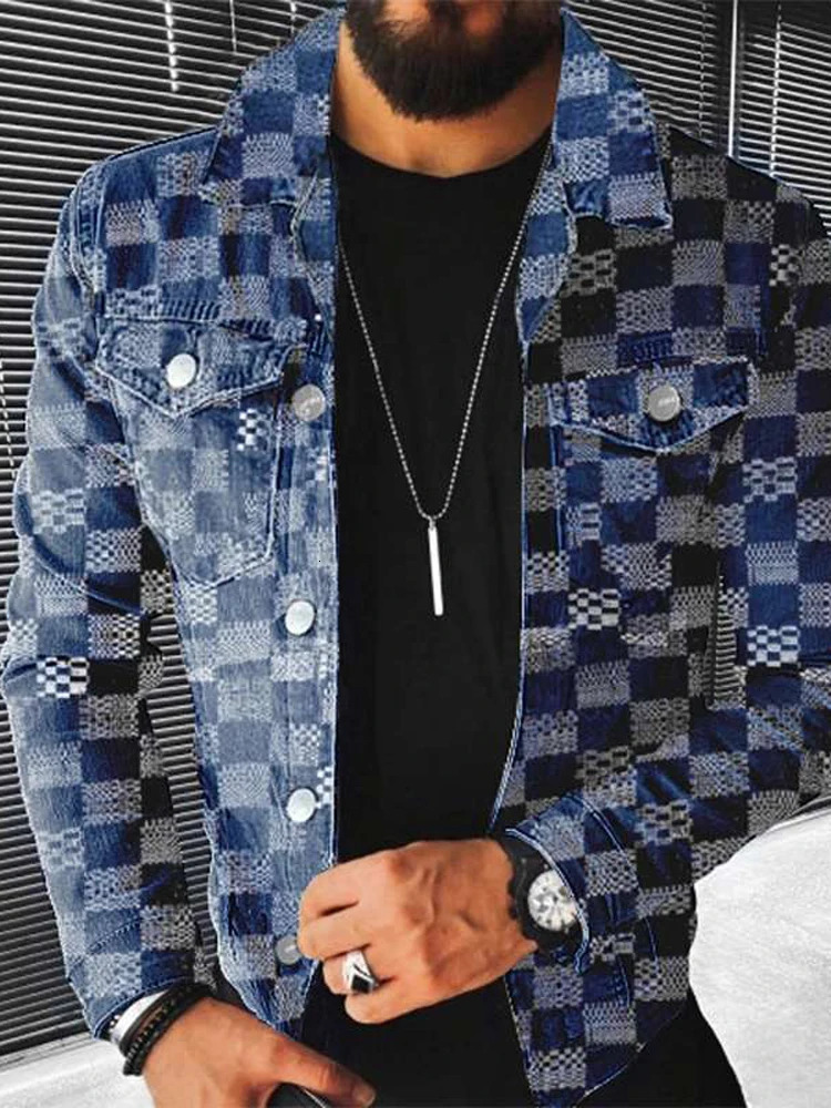 Hip Hop Mens Denim Jacket Streetwear Fashion Plaid Jean Coats For Men Autumn Winter Casual Long Sleeve Slim Outerwear Coat 250102