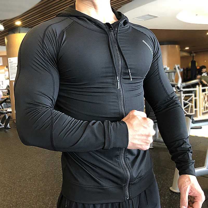 Compression elastic hooded sweatshirt mens sports jacket running fitness hooded gym training sweatshirt with zipper fitness sweatshirt W250108
