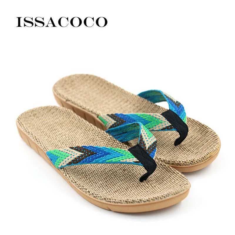 New Arrival ISSACOCO mens linen flip striped ribbon sandals plain EVA anti slip linen slippers mens casual grass shoes T250108