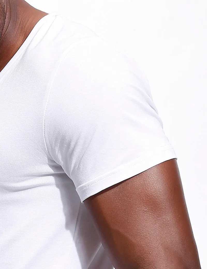 High Quality Deep V-neck mens T-shirt low cut wide V-neck T-shirt mens Modal Drop Tail slim fit short sleeved invisible underwear T250108