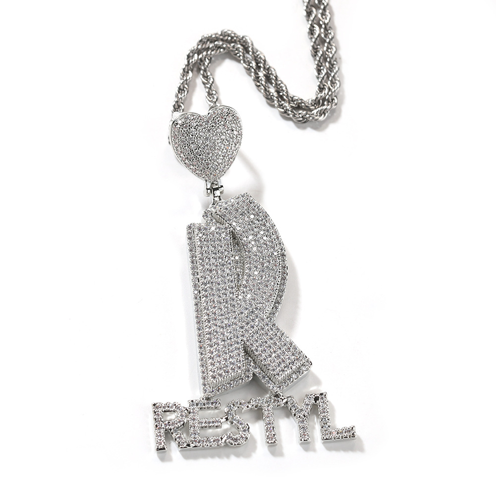 Hip Hop Love Heart A-Z Large Letters Pendant Mens Necklace Full Zircon Jewelry