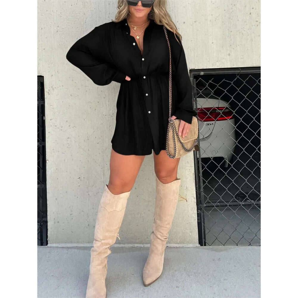 European And American Autumn New Women's Fashion Solid Color Long Sleeved Shirt Jumpsuit