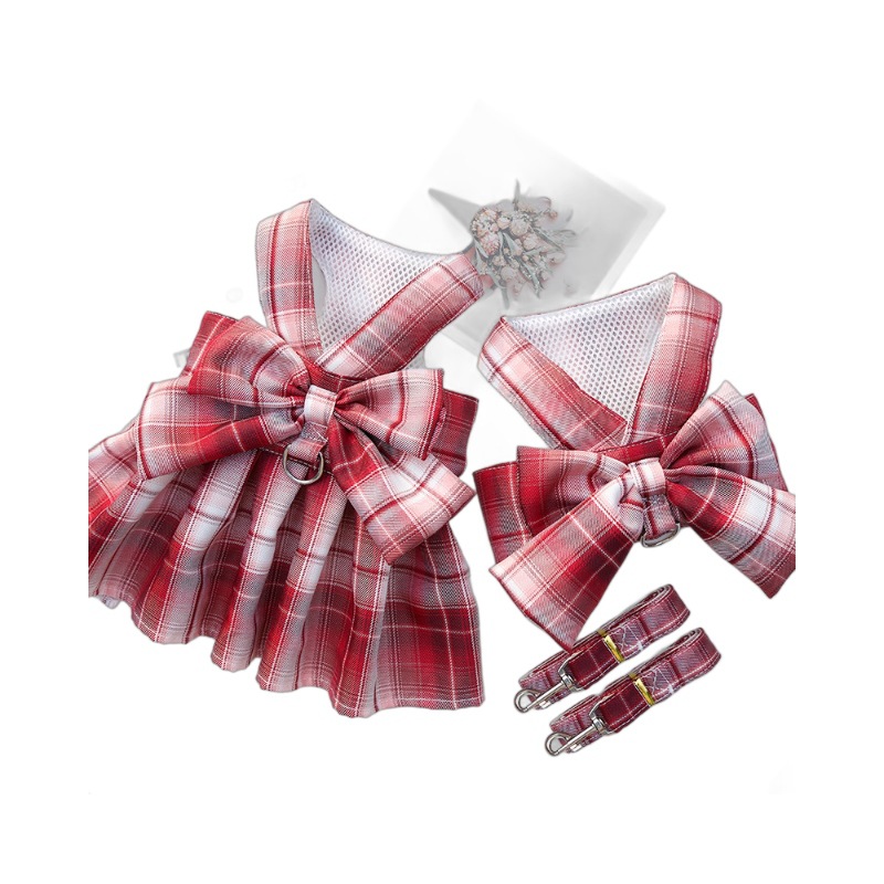 Pet plaid skirt chest strap leash walk dog cat vest clothes teddy supplies factory direct sales wholesale
