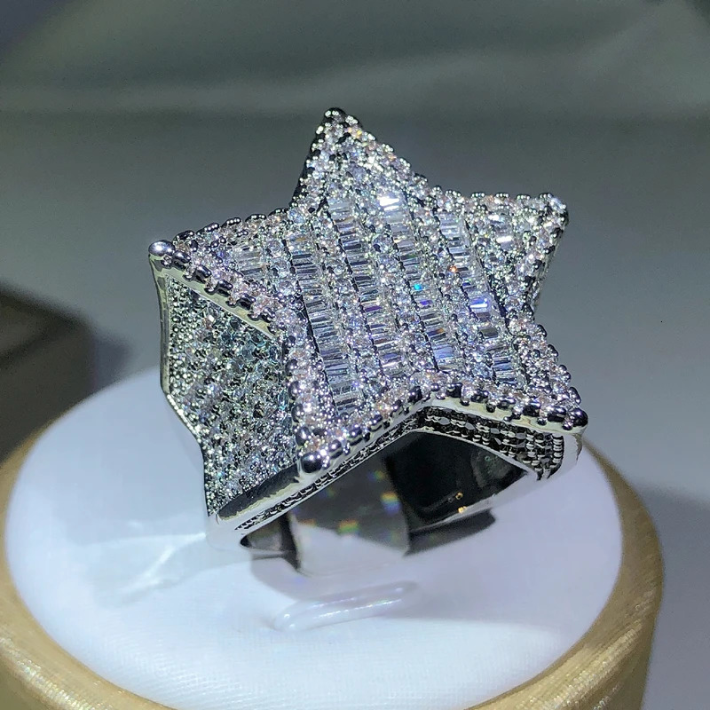 925 Silver Star Diamond Rings For Manwomen Solid White Yellow Gold Rings Shine Hiphop Jewlery Gifts 250107