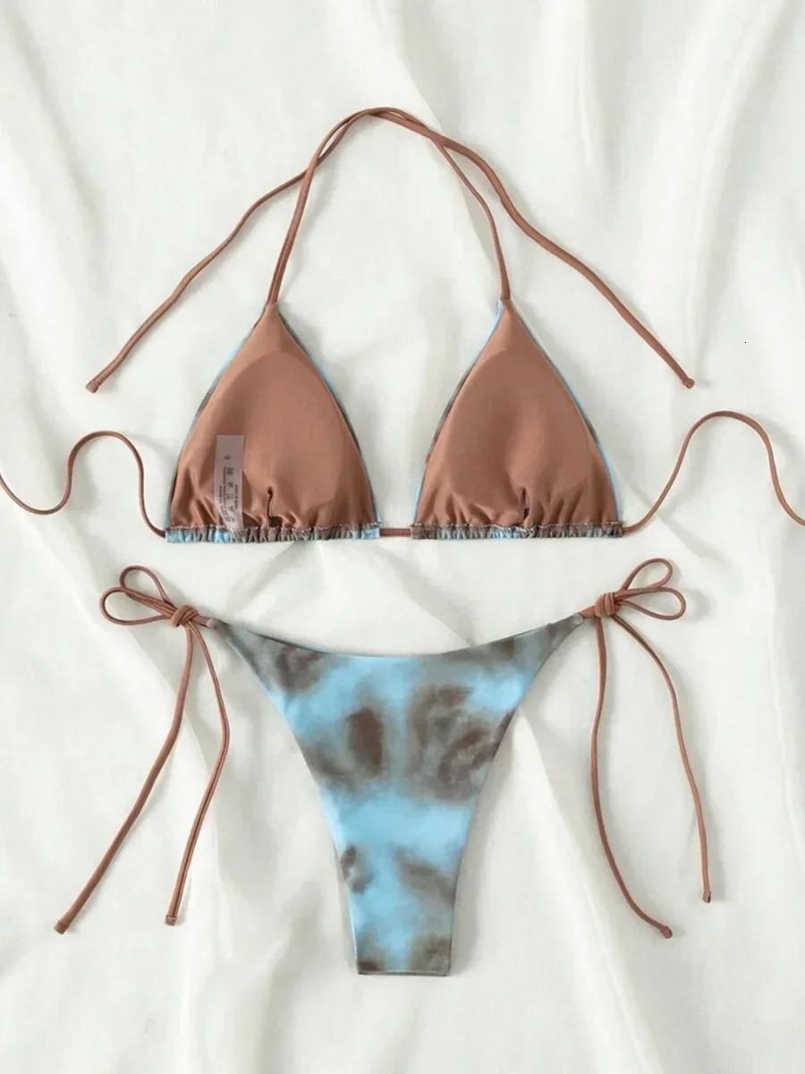 Tie Dye Bikins 2025 Mini Micro String Bikini Women Swimwear Female Swimsuit Two Pieces Bikini Set Halter Bathing Suit Swim Lady 250106