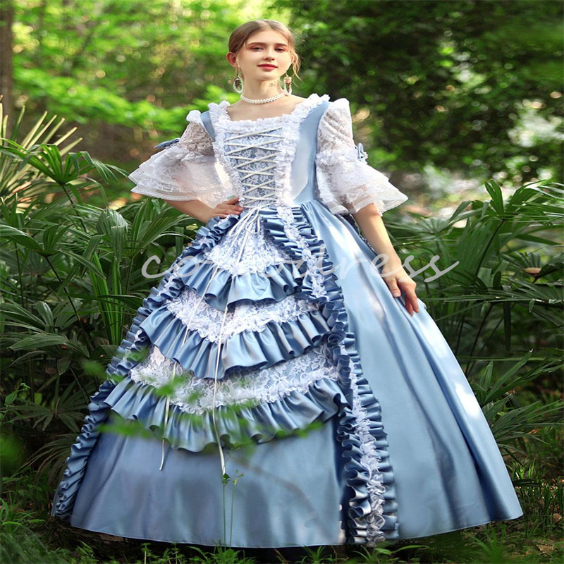 Historical Blue French Duchess Prom Dress Rococo Lace Steampunk Renaissance Bustle Evening Gowns Aesthetic Party War Marie Antoinette Formal Occasion 