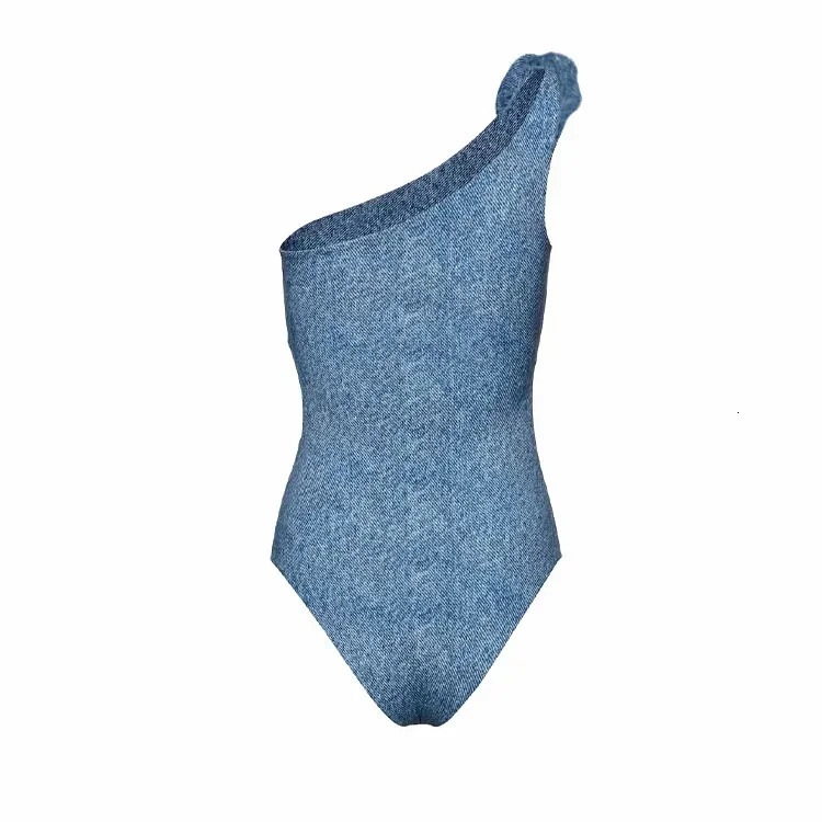 Womens swimsuit 3D Flower One Shoulder Cutout Denim Printed One Piece Swimsuit and Skirt woman Swimwear Bathing Su 250108