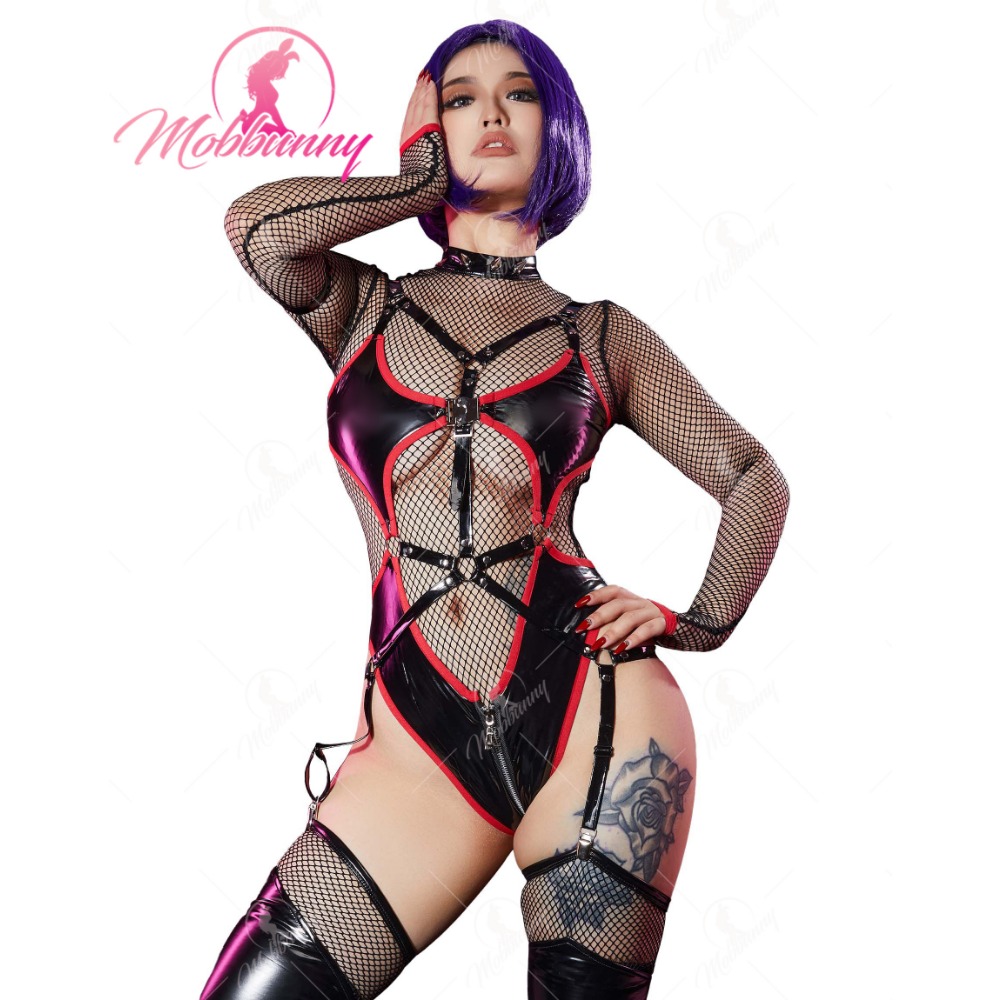 Mobbunny Women Ninja Sexy Lingerie Set Black Cutout Zipper Bodysuit with Long Sleeve Mesh Top and Stockings Cosplay Costume