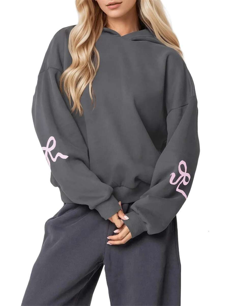 Women Oversized Loose Hoodies Bow Print Long Sleeve Hooded Sweatshirts Ladies Autumn Spring Pullovers Tops Streetwear Aesthetic