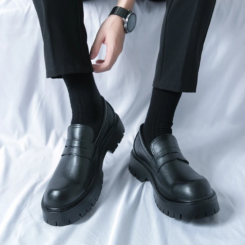 New Men Black Fashion Loafers Original Patent Round Thick Bottom Slip-On Formal Mens Shoes Business Office Leather Shoe 250308