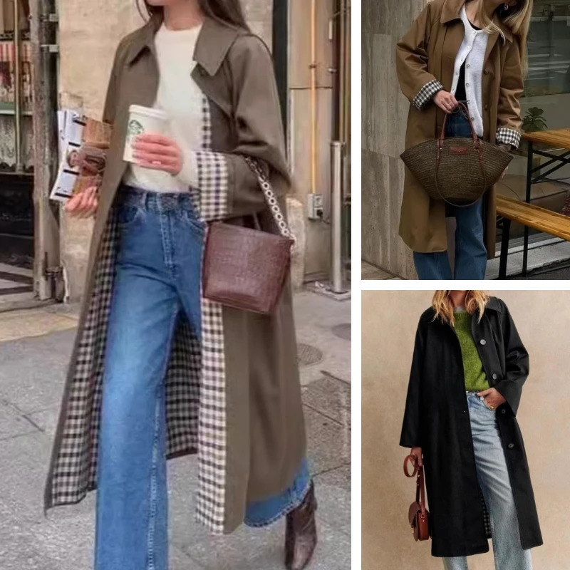 Women Solid Single Breasted Lapel Windbreaker Long Sleeve Plaid Lining Trench Coat Autumn Chic High Street Overcoat 250107