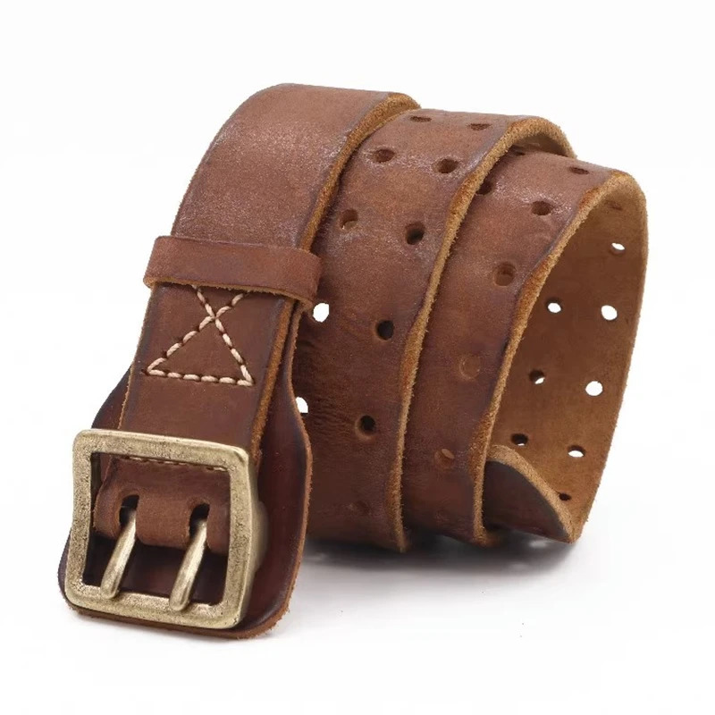 Original Handmade Double-needle Buckle Mens Belt Washed Water Made Old Macho Jeans Belt Genuine Leather y2k Army Tactical Belt 250107