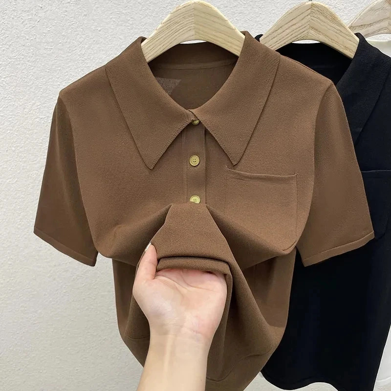 Ladies T-shirt 2024 Summer Korean Version Thin Style Womens T-shirt POLO Neck Temperament Short Sleeve Female Knitted Top 250107