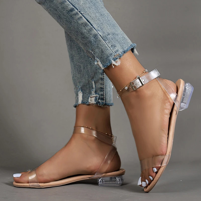 Transparent Pvc Jelly Sandals for Women Summer Casual Open Toe Beach Shoes Woman Clear Low Heels Ankle Strap Sandles Female 250106
