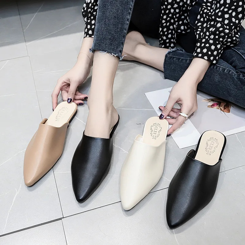 Women Spring Summer Slippers Mules Soft Leather Pointed Toe Slip On Sandalias Soild Mature Fashion Casual Low-heeled Shoes Mujer 250107