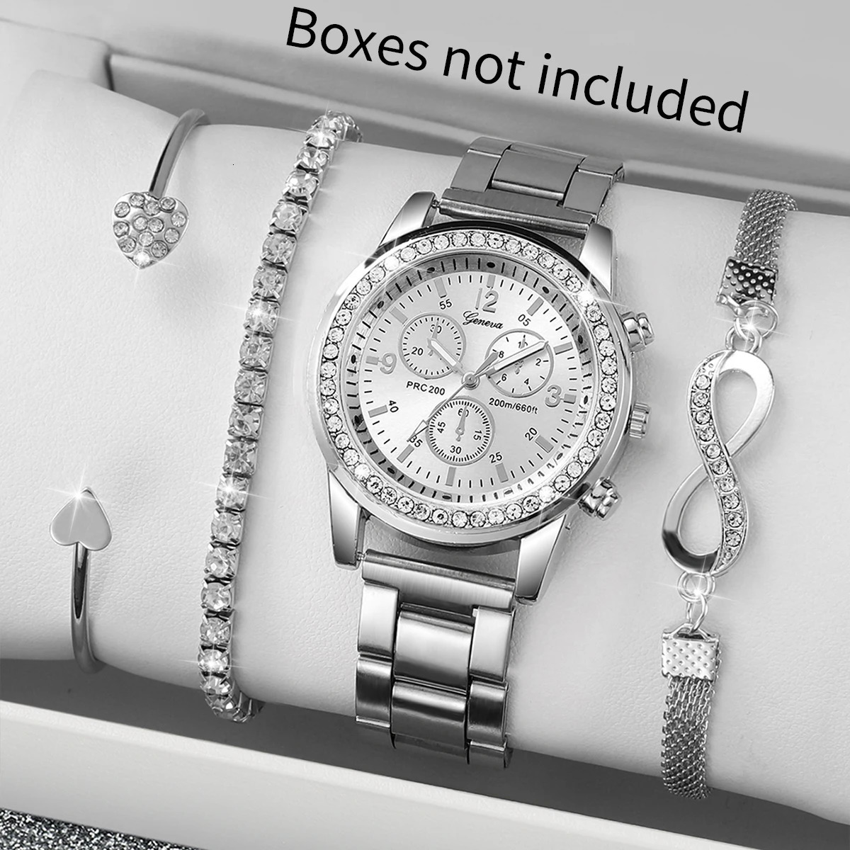 Women Fashion Silver Color Stainless Steel Quartz Watch Beads Jewelry Set 241228